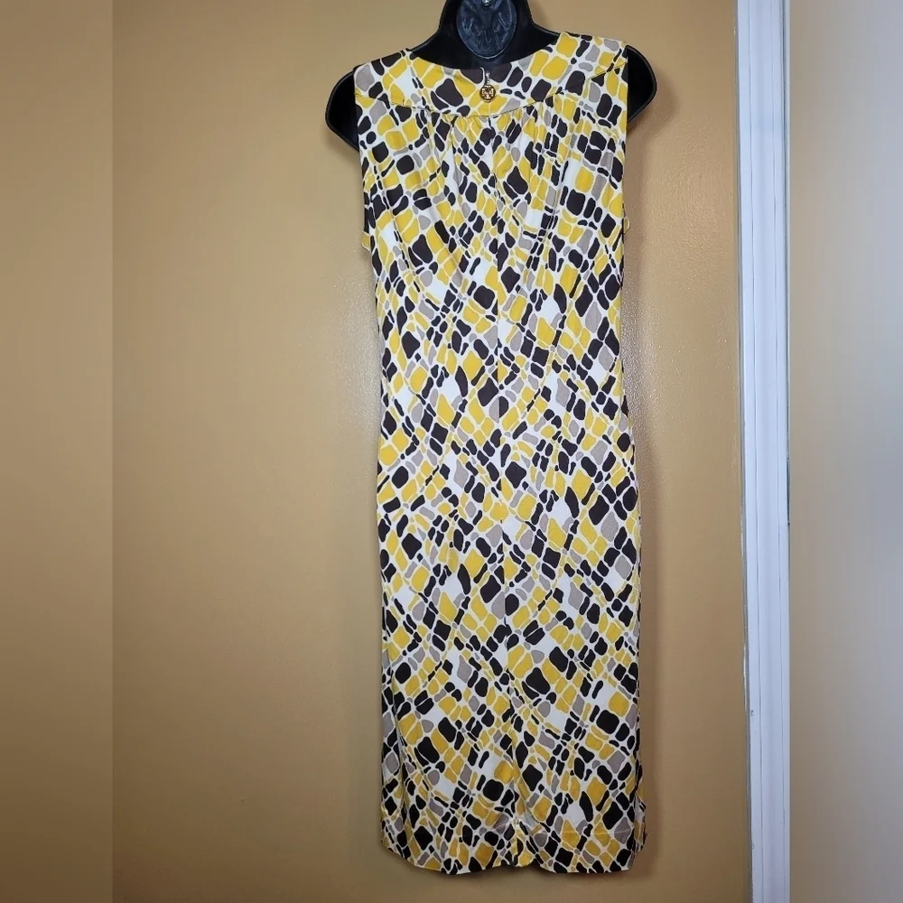 Tory Burch 100% Silk Abstract Geometric Yellow and Brown Print Dress sz S